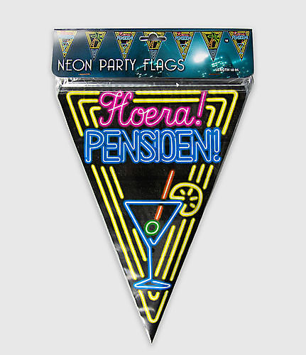 Neon party vlag - Hoera pensioen